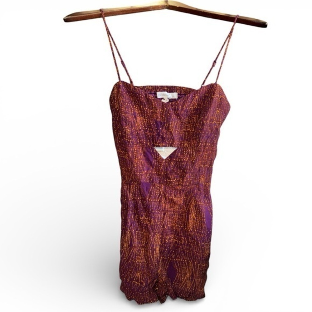 BCBGeneration Purple and Mustard Yellow Patterned Romper with Triangle Cut Out